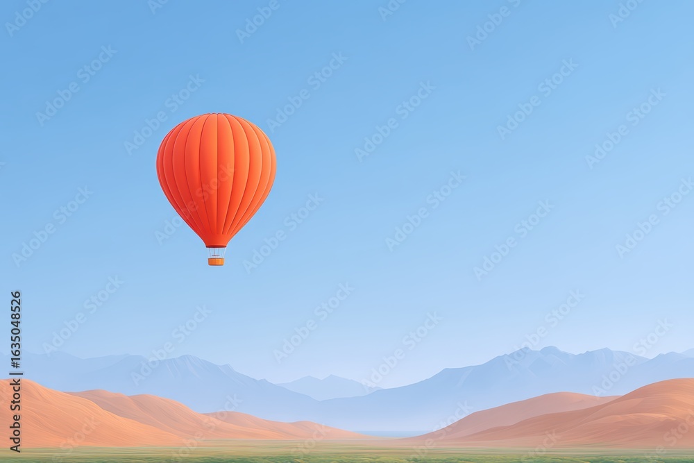 Fototapeta premium Bright Red Hot Air Balloon Over Desert Landscape Scene
