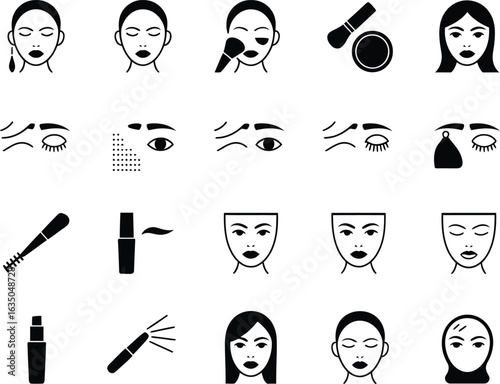 Collection of cosmetic icons representing beauty procedures and makeup application techniques perfect for educational or illustrative purposes