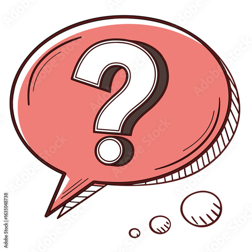 Illustration of a pink speech bubble containing a white question mark with shadow and thought bubbles created with generated ai