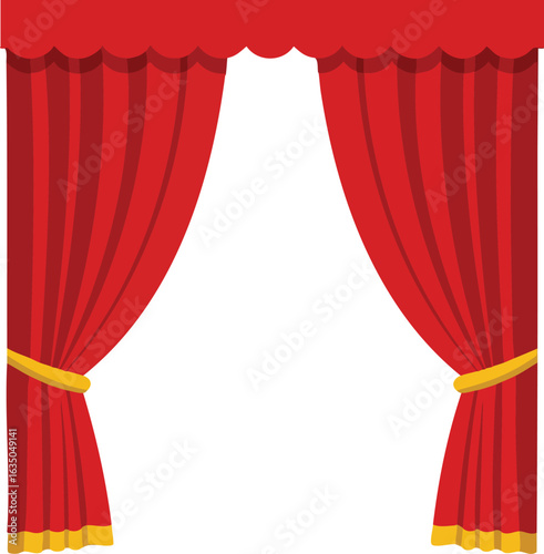Red theater curtains with yellow ties and scalloped valance vector illustration in flat style for stage decoration and performance background 