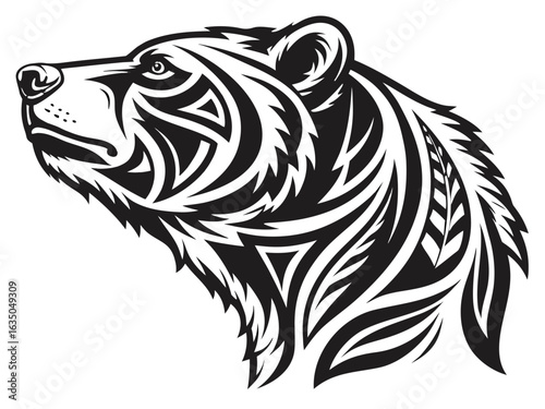 Illustration of a bear head in black and white with tribal style patterns and sharp fur details design created with generated ai