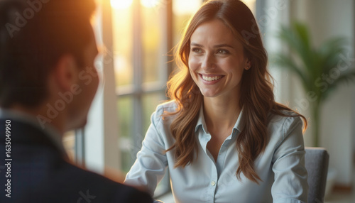 Smiling woman engaging in conversation with man indoors at sunset  