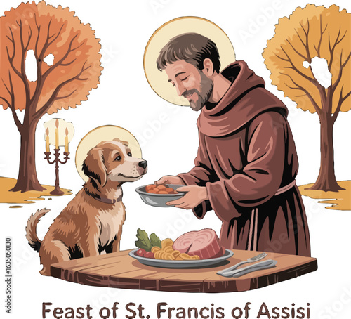 St. Francis of Assisi feeding a dog, celebrating animal welfare and faith