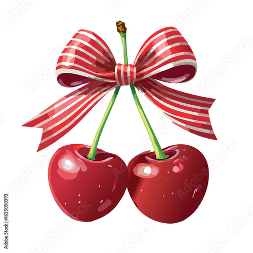 A cute pair of cherries tied with a bold stripe red bow ribbon, the bow is long, watercolor illustration,