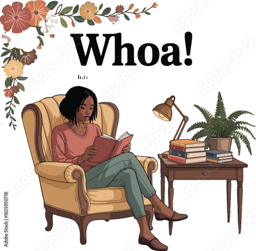 Woman reading a book in a chair with a lamp and plants