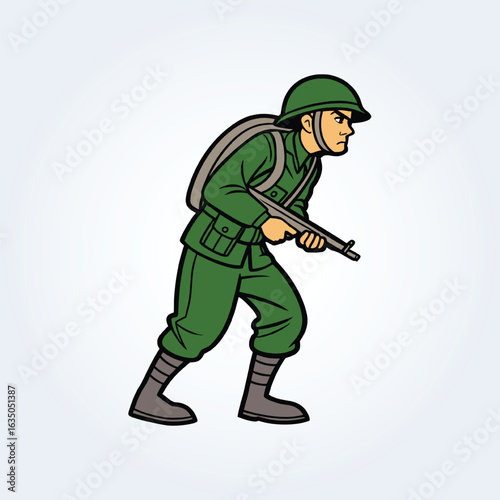 An illustration character of a military man walking and gun in hand