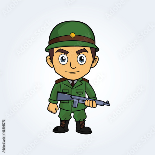 An illustration character of an army man with a green cap and a gun in hand