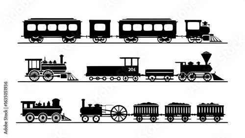 "Design a set of 12 simple train silhouettes, including various steam locomotives and cars, all in side profile. Use only dark gray shapes on a white background. Keep the layout clean, modern, and eve