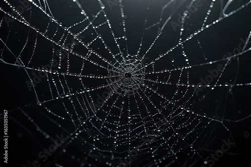 A detailed close-up shot of a spider web covered in glistening water droplets on a dark background.