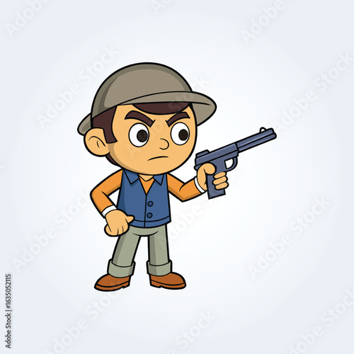 An illustration cartoon character of an hunter man a gun in left hand