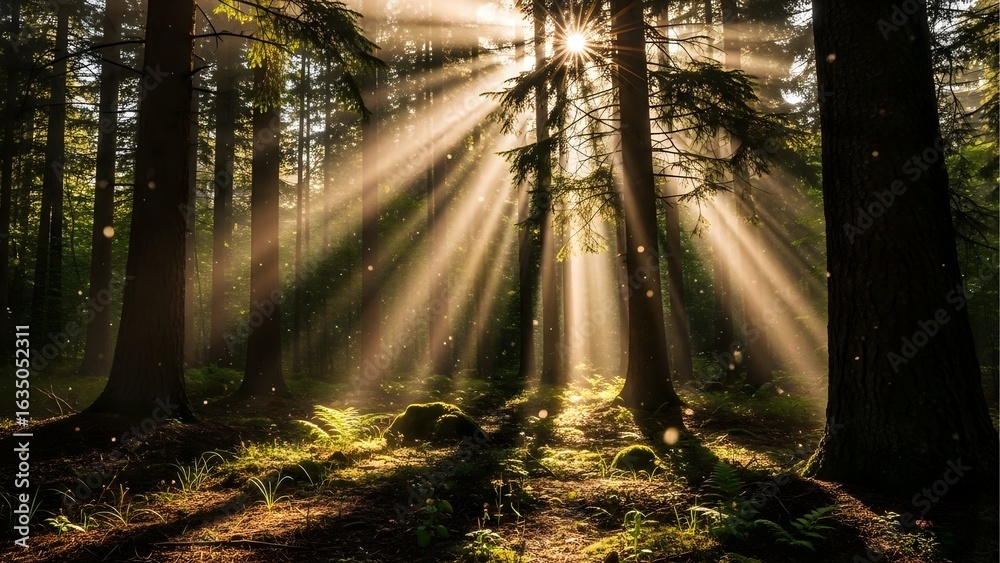 Naklejka premium A breathtaking, magical scene of golden sunbeams streaming through the trees in a lush, green forest, creating an enchanted and peaceful atmosphere.