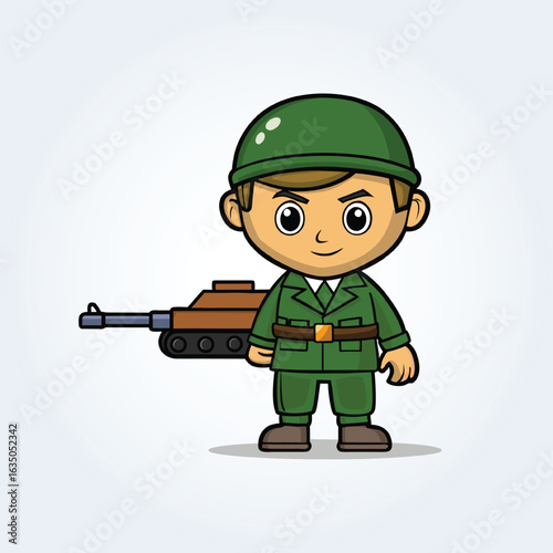 An illustration cartoon character of an military man and hand tank in background