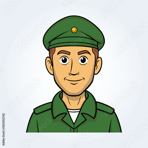 An illustration cartoon character of an army man open eyes in green uniform