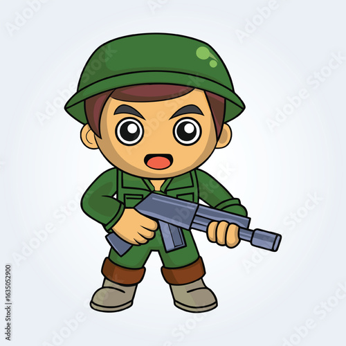 An illustration cartoon character of an army man open eyes in green uniform and a gun