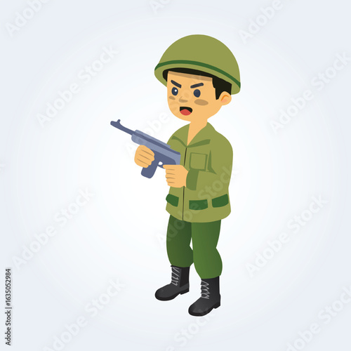 An illustration cartoon character of an army man in uniform and a gun