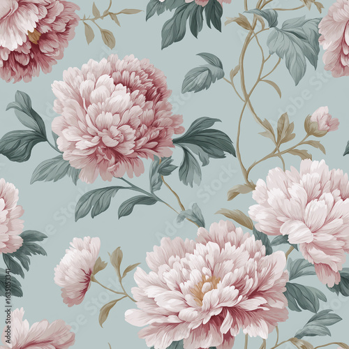 Seamless pattern repeat floral flowers blue design for wallpaper, fabric and product packaging, English country cottage countryside style motif