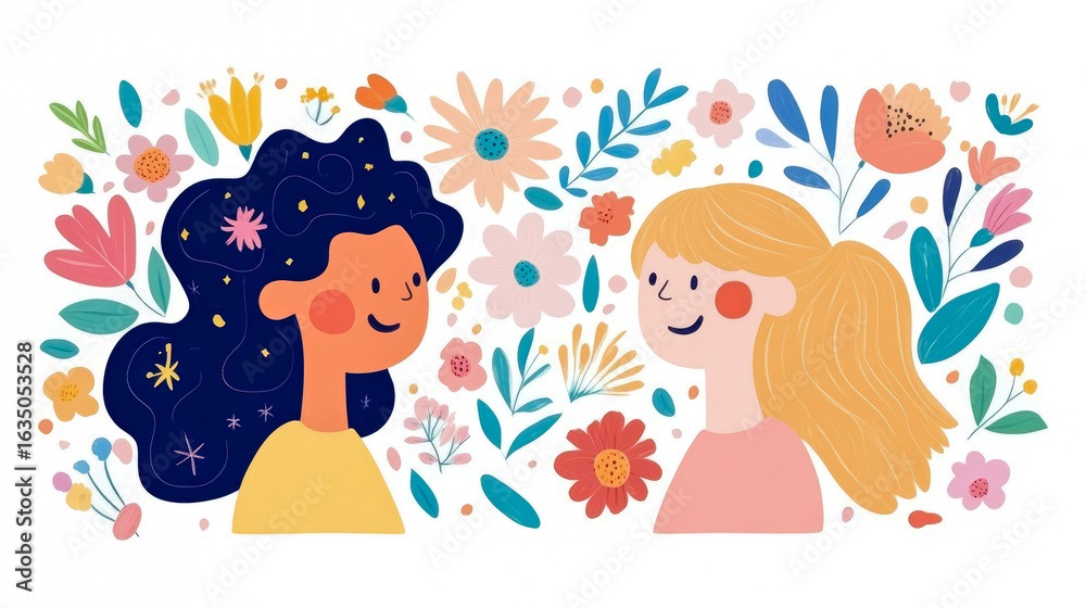 Fototapeta premium Two diverse women smiling and connecting amidst vibrant, blossoming garden of colorful abstract flowers and leaves, symbolizing friendship, growth, and joy.