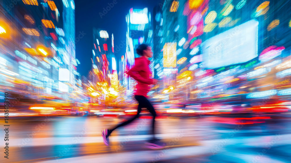 Obraz premium Dynamic night run through vibrant, light-streaked city street, capturing exhilarating motion of urban exercise amidst blurred neon glow.