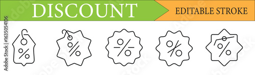 Discount Percentage Tag Line Icon Set with Editable Stroke