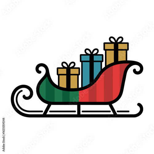 A colorful sleigh holds three neatly wrapped gifts, each adorned with ribbons