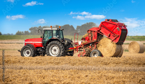 Tractor with round baler on the harvested grain field - 0167