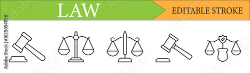 Law and Justice Line Icon Set with Gavel and Scales