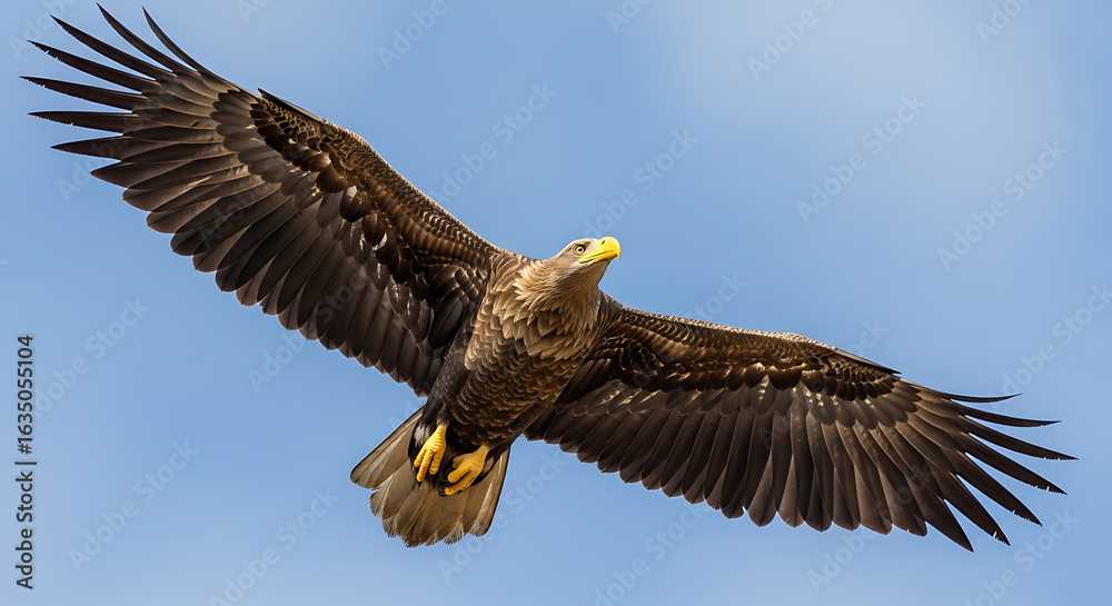 Obraz premium Majestic Eagle in Flight Against Clear Blue Sky with Wings Spread Wide and Detailed Feathers