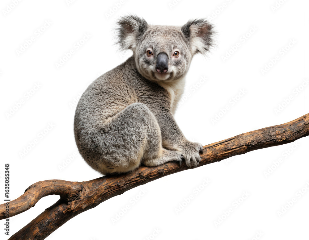 Fototapeta premium Cute koala sits on tree branch against clean white background. Australian marsupial, known for cuddly appearance, furry coat, distinctive features. Natural habitat includes eucalyptus forests, making