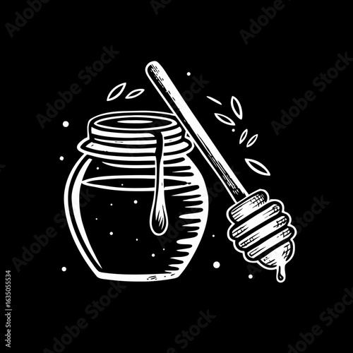 Honey jar with dripping honey and dipper on black background  