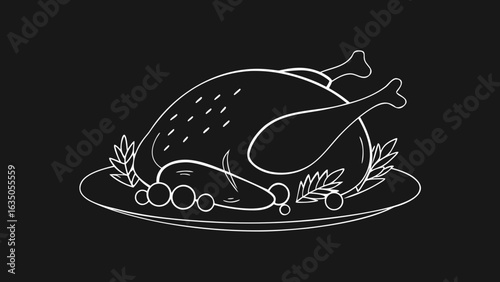 Roasted chicken with garnishes on platter in minimalist style  