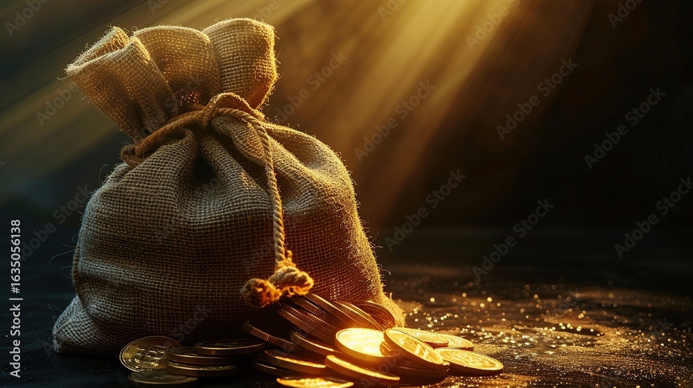 Fototapeta premium A burlap sack filled with gold coins rests on a dark wooden surface, illuminated by dramatic golden light rays.