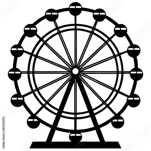 Black and White Silhouette of a Ferris Wheel with Gondolas on a White Background amusement park ride