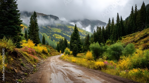 Crystal mountain road scenic drive colorado autumn foliage and misty mountains landscape photography