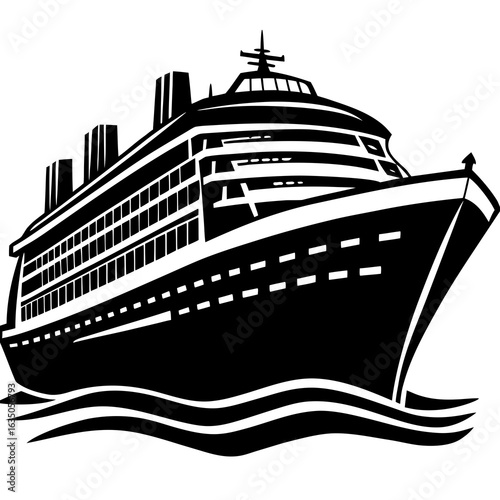 Black silhouette of a large cruise ship sailing on stylized waves liner boat