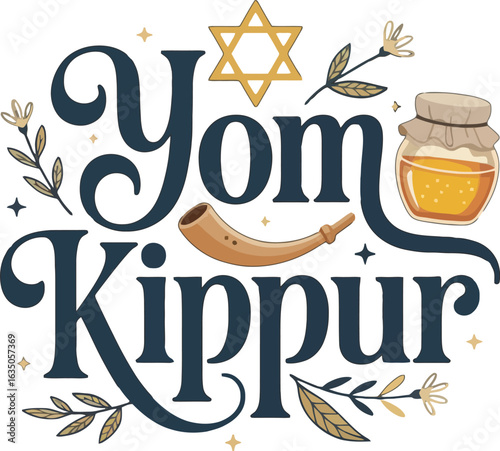 Yom Kippur Jewish Holiday Symbols with Star of David, Shofar, and Honey Jar