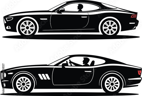 Sleek Black Sports Car Silhouette Illustration with Driver and Racing Design elements for Automotive Industry and Car Enthusiasts