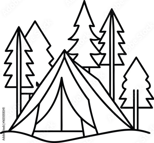 Tent In Forest Line Vector Sty