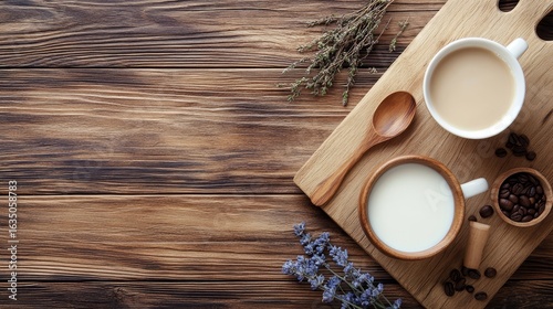 Coffee and cinnamon sticks are placed on a table that is made of rustic wood