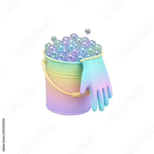 Rainbow bucket filled with bubbles and a cleaning glove isolated on transparent background