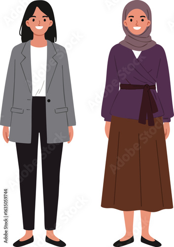 Two diverse women standing together in casual and modest outfits vector illustration 