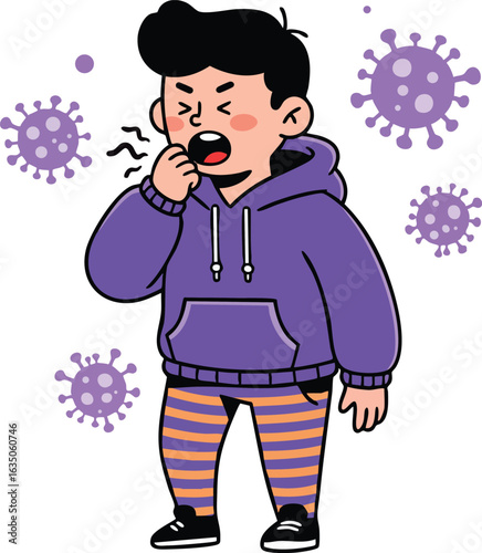 Young man coughing surrounded by purple virus particles illustration showing illness and infection symptoms vector 
