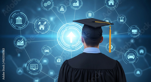Graduate facing a futuristic digital network of global education and career opportunities