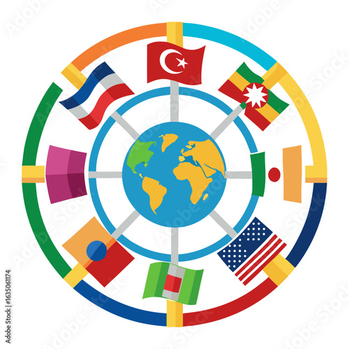 Colorful Flags Circle Around Globe Vector – International Cooperation Symbol