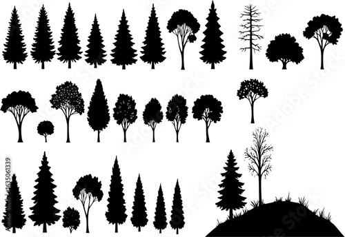 Constructor kit. Silhouettes of beautiful spruce trees, pine, other trees, grass, hill. Creation of spring beautiful park, forest, landscape, woodland, collection of element. Vector illustration.