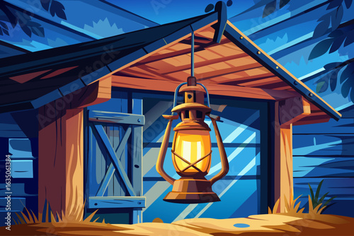 vector of A rustic lantern hanging over a blue shed illuminates the scene with warm light. Ideal for home decor, travel, and relaxation themes