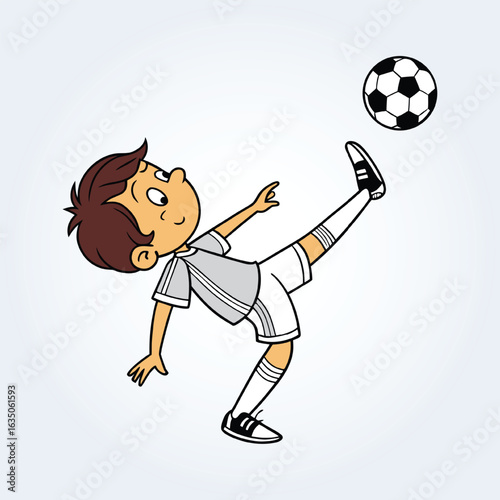 an character illustration of a boy playing back kick in football 