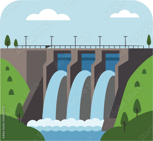 Hydroelectric dam with flowing water and surrounding green hills vector illustration landscape scene 