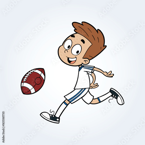 an character illustration of a boy playing rugby ball and happy face
