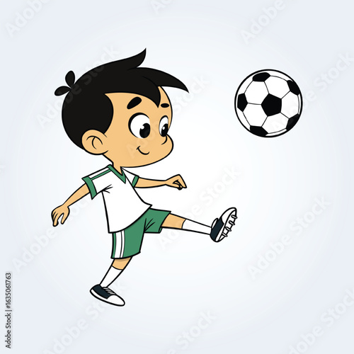 an character illustration of a boy playing football in dark green kit