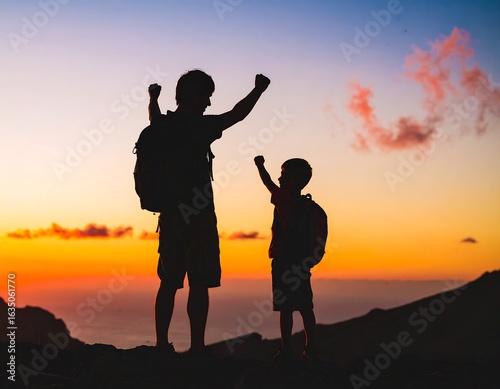 Father and son silhouetted on mountaintop at sunset